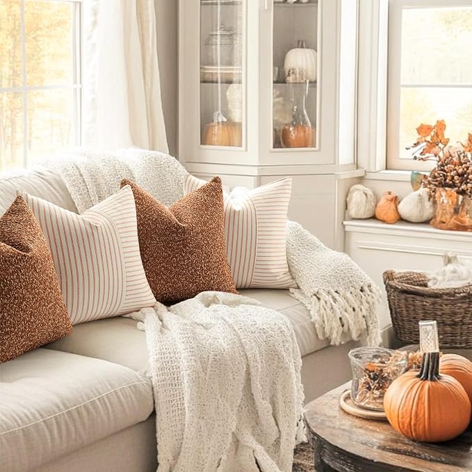 YCOLL Fall Pillow Covers 18x18, Modern Accent Throw Pillow Covers Set of 2, Burnt Orange Striped Patchwork Linen Decorative Pillows Cushion Covers for Couch Chair Bedroom Home Decor