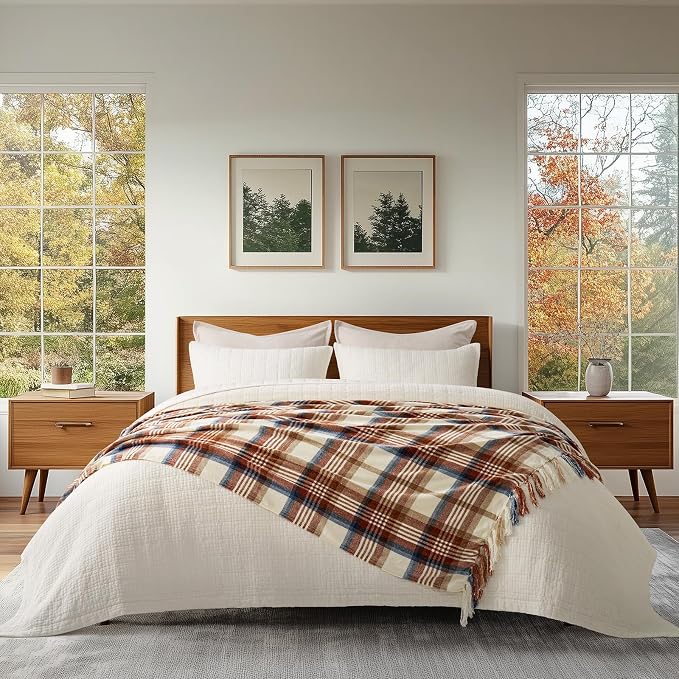 Plaid Chenille Fall Throw Blanket, 50"x60", Harvest Plaid | Super Soft Knit Throw with Tassels, Cozy, Decorative Rustic Farmhouse Decor for Autumn, Ideal for Couch Bed Sofa Gift