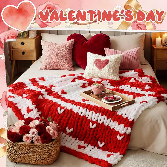 Valentine's Day Heart Chunky Knit Throw Blanket 50" x 60",Red | Large Handmade Chenille Loop Yarn Fluffy, Soft Knitted Throw, Big Cozy Thick Cable Knit Crochet Blanket, for Couch Sofa Bed