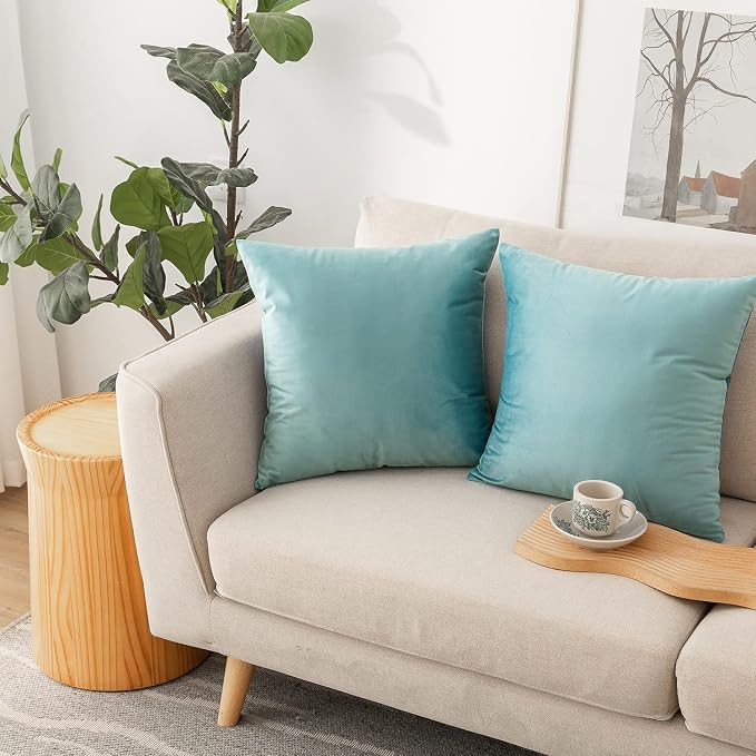 NiNi ALL LightBlue Velvet Throw Pillow Covers 24x24 Pack of 2 Decorative | Soft Solid Boho Cushion Squar Pillow Cases for Chair Sofa Bedroom Farmhouse Living room Modern Luxury Home Decor Christmas