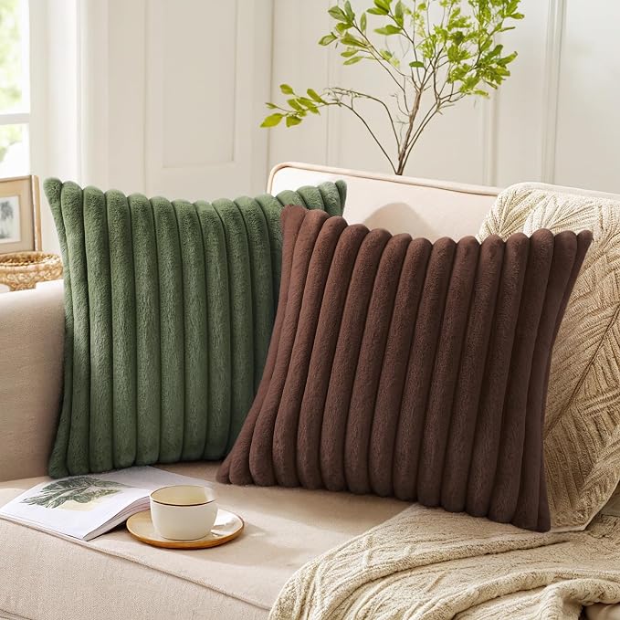 Pallene Faux Fur Decorative Throw Pillow Covers 20x20 Set of 2, Chocolate | Luxury Plush Texture, Striped Design, Cozy Soft Touch, Modern Home Accent Decor for Couch, Sofa, Bed, Living Room