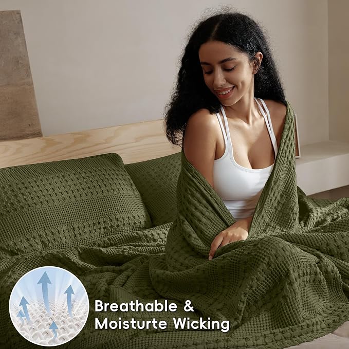 PHF 100% Cotton Waffle Blanket Oversized King 120"x120", Lightweight Breathable Extra Large 10'x10' Blankets for Bed, Giant Big Luxury Aesthetic Woven Bedding for Home Decor, Capulet Olive