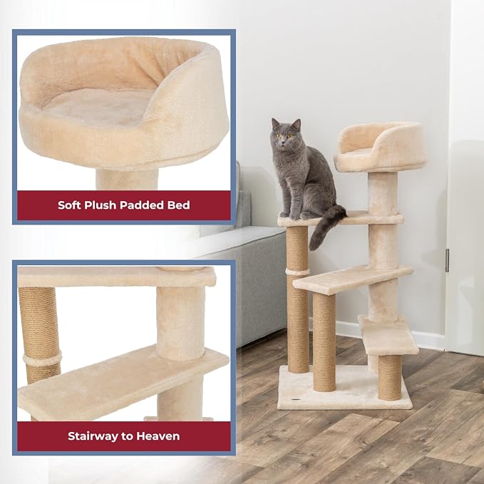 TRIXIE Tulia Senior Cat Tower – Cat Tree with Jute Wrapped Posts, Step-Style Platforms & Padded Top Bed – Comfortable Cat Furniture for Senior Indoor Cats – Beige, 20.1" x 20.1" x 40.2"