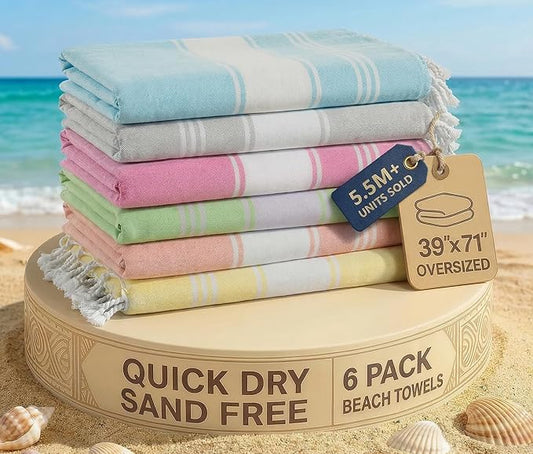 LANE LINEN Turkish Towels Set of 6, Beach Towels Oversized, Pre-Washed Pool Towel, Extra Large Beach Towel, Sandproof Beach Towel, Absorbent Travel Towel,39"x71" - Beach Party