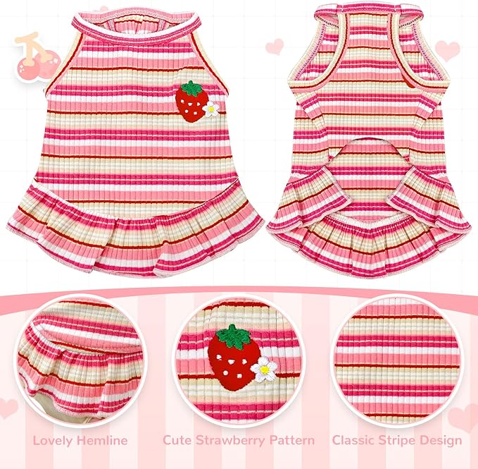 Cute Small Dog Dress Girl Female Dog Clothes Spring Summer Pet Puppy Cats Striped Dress Outfits for Shih Tzu Yorkies Chihuahua Maltese(Strawberry Pink,Small)