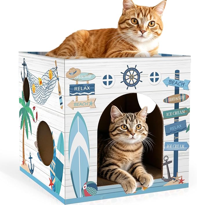 Cinrobiye Cardboard Cat House with 2 Pcs Scratching Pad，Pet Hideaway Cave Board Bed Playhouse Condo Box Decor Small Animals Scratcher Bed for Indoor Cats Kittens Rabbits Bunny
