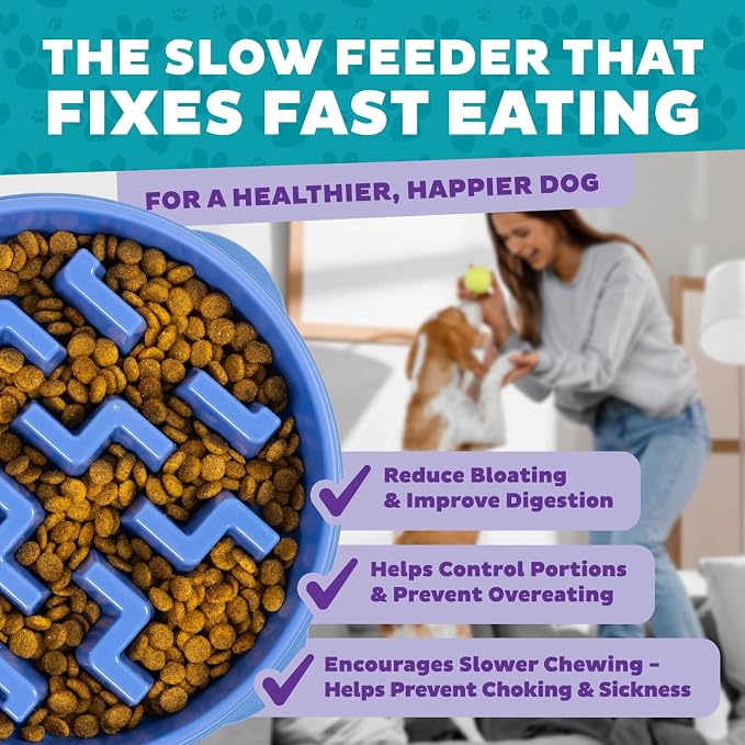 Outward Hound Fun Feeder Slo Bowl – 2‑Cup Capacity, Slow Feeding, Small to Medium Dogs & Cats, Non-Slip, Blue, Notch Pattern, Medium (Pack of 12)