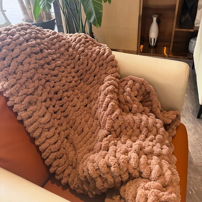 Soft Chunky Knit Throw Blanket for Couch, Cozy Warm Knitted Blankets | Hand Knit with Jumbo Chenille, Lightweight Warm Fluffy Decor for Women, Mom, Her & Girls,Sofa,Chair,Bed,40"×40"(Light Brown)