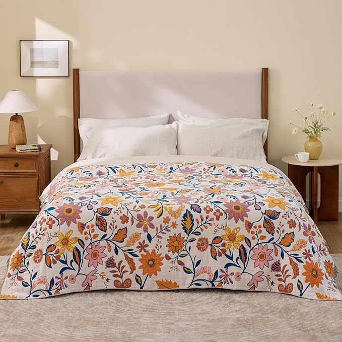 100% Cotton Boho Throw Blanket for Home Decor – Classic Farmhouse Quilt Bedding, Muslin Blankets for Adults, Vintage Woven Decorative Blanket for Couch, Bed Layering Use, Botanic Floral, 50"x60"