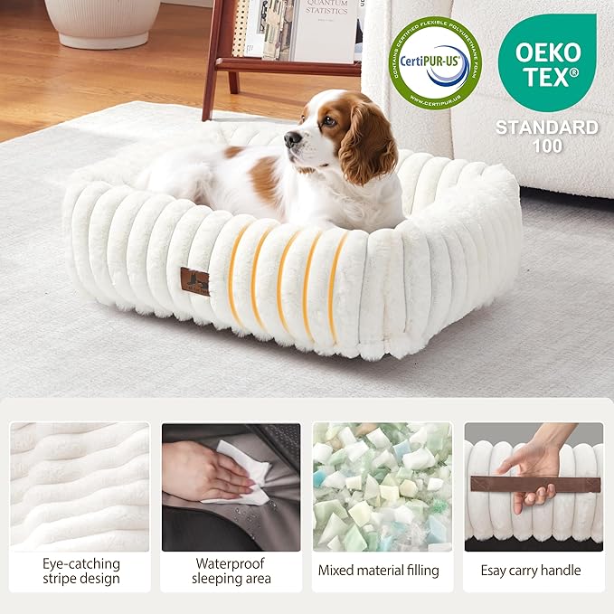 Washable Dog Bed for Small Medium Dogs, Rectangle Orthopedic Pet Bed with Removable Cover, Fluffy Memory Foam Dog Beds with Anti-Slip Bottom, Cream (25x21x7 inches)