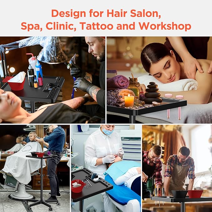 TASALON Ultimate Salon Tray on Wheels,Tray Cart with 2 Magnetic Bowls Irony Tattoo Table Station Rolling Tray with Hair Stickless Wheels,Chemical-Resistant Hair Stylist Instrument Tray,Tray for Dyson