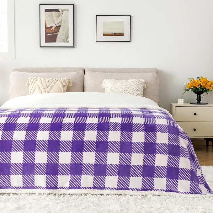 Sherpa Plaid Twin Blanket 60" X 70", Fuzzy Fluffy Soft Cozy Throw Blanket, Twin Size Plush Fleece Flannel Plush Microfiber Blanket for Couch Bed Sofa (PurpleWhite)