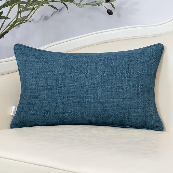Patchwork Pillow Cover 12x20 Inch Luxury Cotton and Linen Cushion Cover Rectangle Pillowcover for Couch Bedroom Living Room, Blue