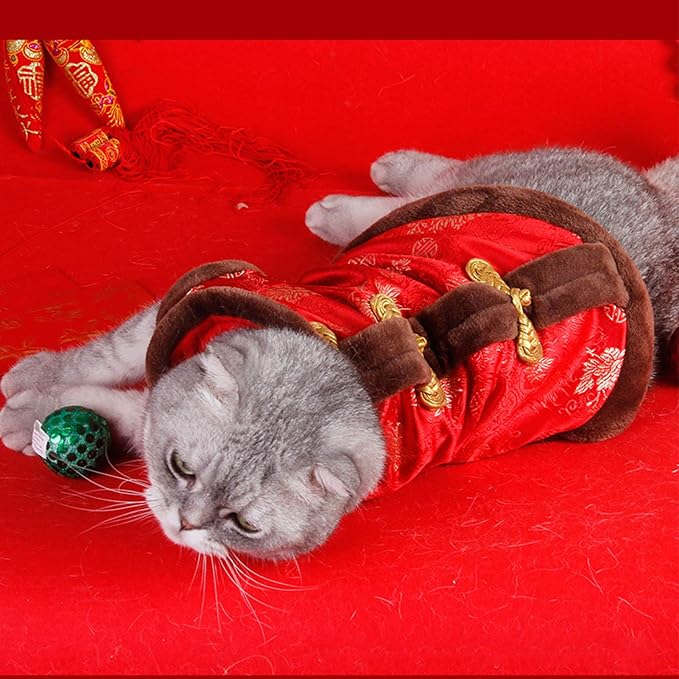 SEIS New Year Cat Knot Buttons Coat Dogs Cheongsam Winter Pet Clothes Vest Christmas Costume for Cats Teddy Bichon Small Medium Dogs (Brown, M (Chest Circumference 55cm/ 21.6"))
