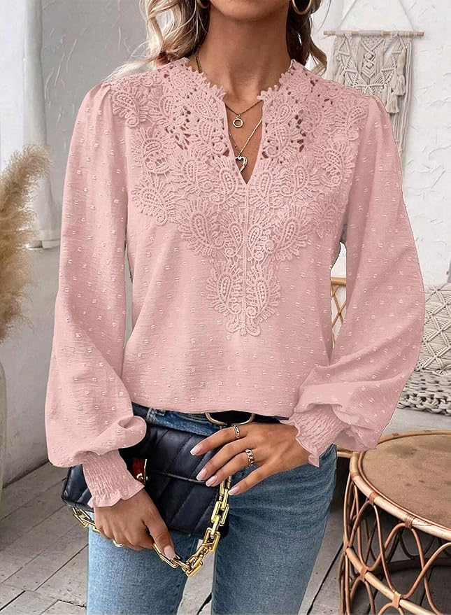 Womens Tops Swiss Dot Boho Long Sleeve Shirts V Neck Casual Chiffon Blouses Flowy Lace Hem Cute Clothing Trendy 2026