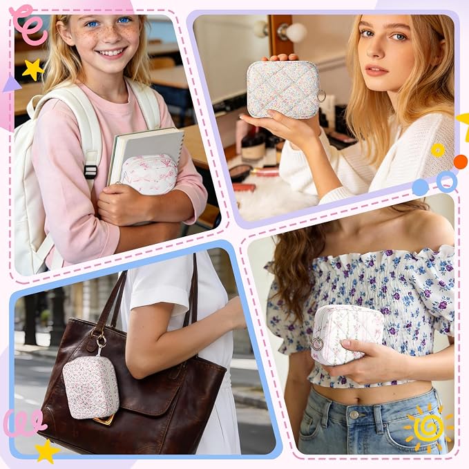 Period Bag for Teen Girls, Quilted Sanitary Napkin Storage Bag, Cute Menstrual Pad Pouch Tampon Holder (Pink Bow)