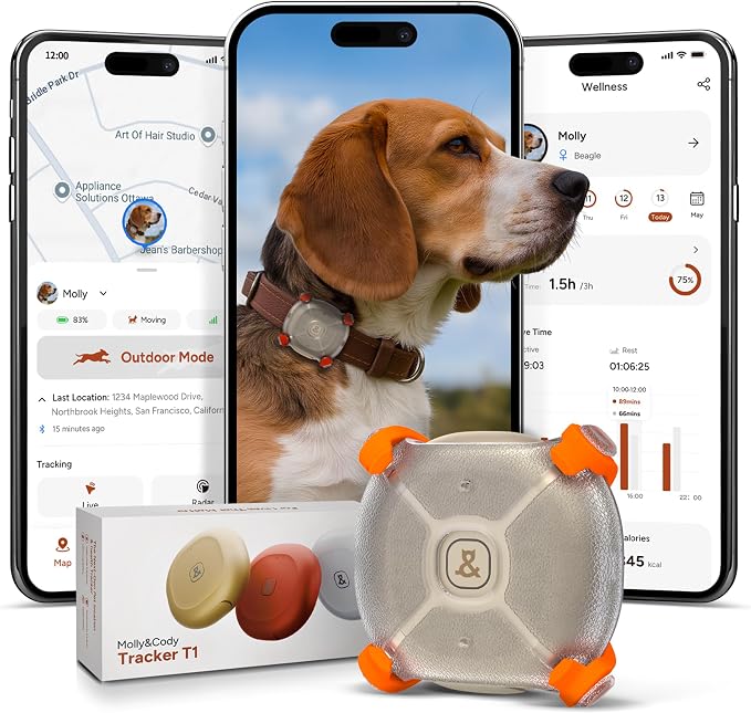 Molly&Cody Smart Dog & Cat GPS Tracker, 4 Smart Modes Real-Time Pet Tracker with Custom Virtual Fence IP67 Waterproof Location History & 365-Day Health Data Monitoring, Subscription Required