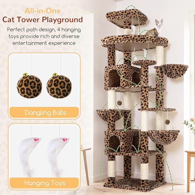 Globlazer Extra Large Leopard Cat Tree 82in Tall Heavy Duty Cat Tree for Indoor Cats Large Adult Big Cat Tower with 8 Scratching Posts, 2 Condos, 2 Padded Perches, 3 Baskets, S82, Leopard Print