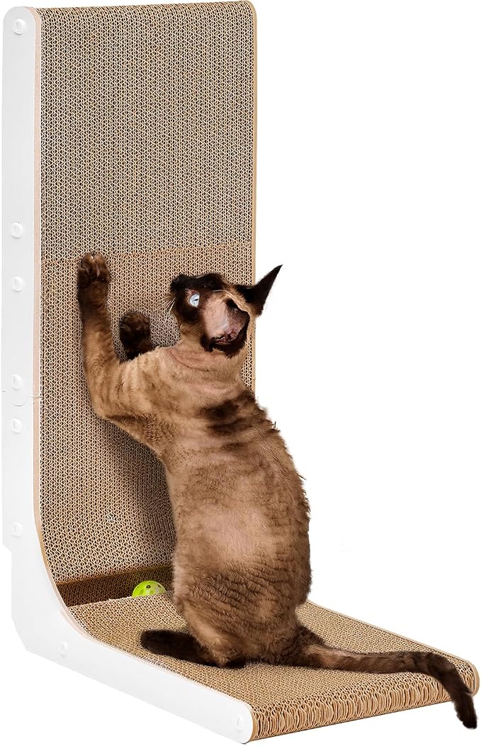 EHEYCIGA Cardboard Cat Scratcher for Indoor Cats, 26.8 Inch, White | L Shaped Scratching Post, Vertical Cat Scratching Board with Ball Cat Toy, Furniture Protector, Large Cat Scratch Pad