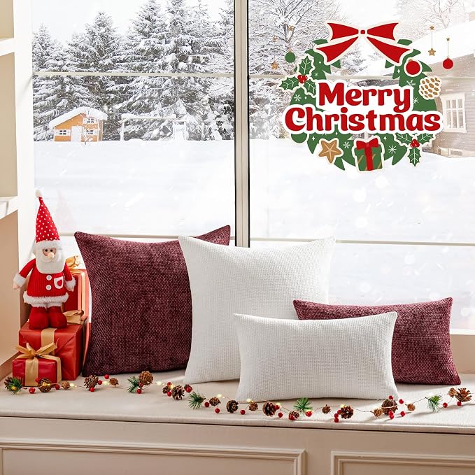 a moment Christmas White Chenille Throw Pillow Covers 22x22 Inch Pack of 2 Modern Decorative Throw Pillow Covers Farmhouse Cross Covers Home Decor for Sofa Bedroom Living Room