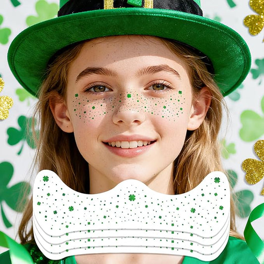 Lucky Clover Freckles - Green Holographic Face Jewels | Waterproof Wish Stickers for Daily Luck & Festivals (8 Sheets)