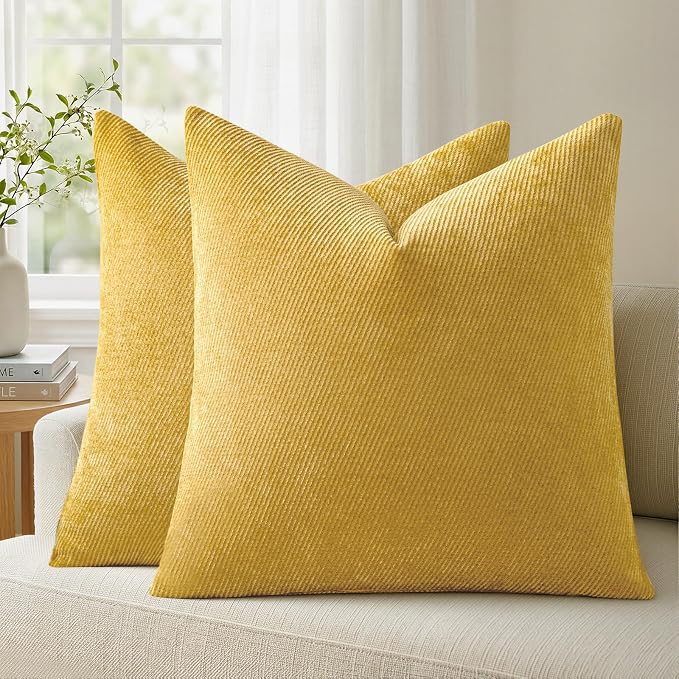 Fall Decorative Throw Pillow Covers Pack of 2,16x16 Inch Mustard Yellow | Twill Chenille Cushion Covers for Sofa Living Room Couch Bed