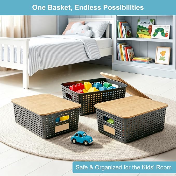 Small Plastic Storage Bins with Bamboo Lids 5.2qt Stackable Box Basket Pantry Decorative Containers Cute with Lable for Organizing Desktop Closet Office Gray of 6 packs 10 * 7.2 * 4.1"