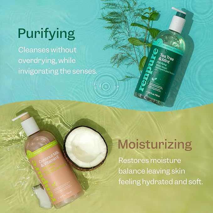 RENPURE LLC Tea Tree Mint Oil & Coconut Vitamin E, Sulfate Free Moisturizing Body Wash For Dry Sensitive Skin, Antibacterial Body & Hand Soap For Men Women Kids & Toddlers, White, 24 Oz