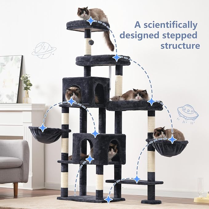 Hey-brother Cat Tree Tower with Stable Extended Base, 3 Platforms, MPJ038G | 70.9 Inches Multi-Level Sisal Scratching Posts, Wide Bed, 2 Cozy Condos, 2 Hammocks, Toy Balls for Indoor Cats, Smoky Gray