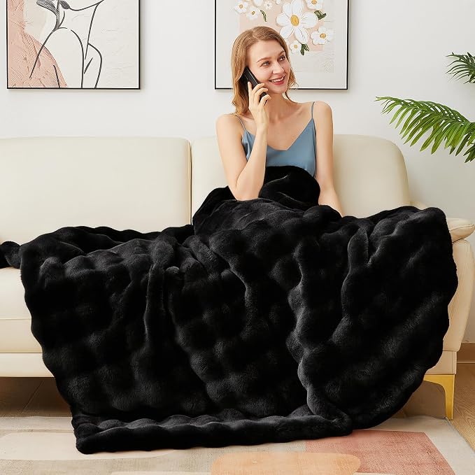 Latepis Soft Black Throw Blanket, Warm Cozy Faux Fur Throw Blanket for Couch, Plush Fluffy Fuzzy Blankets for Sofa and Bedroom, 50” x 60”, 860GSM