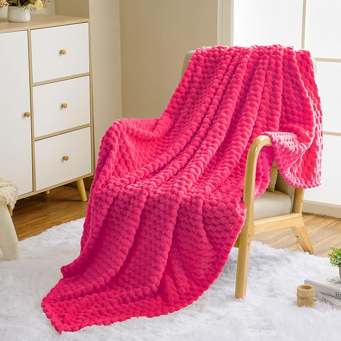 Vessia Flannel Fleece Throw Blanket(50x70 inch), 3D Jacquard Hot Pink Fuzzy and Warm Blanket for Couch,Sofa,Bed,Chair, 300GSM Super Soft Touch Cozy Lightweight Throw for All-Season Home Decor