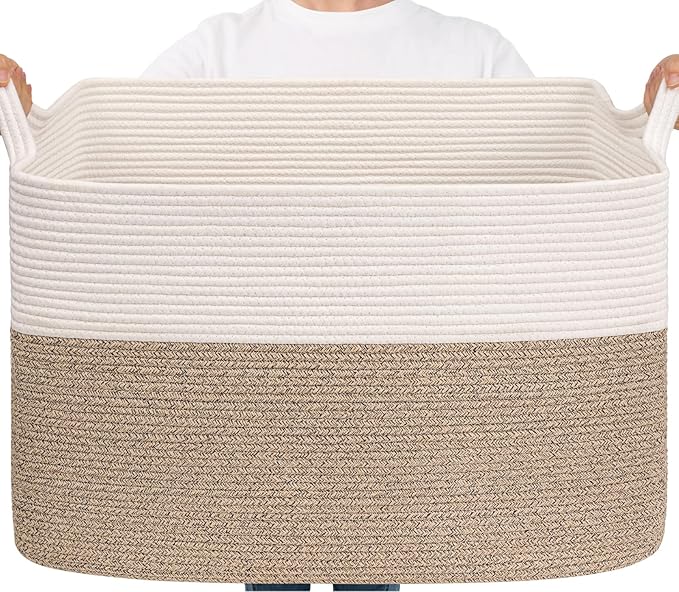 Goodpick 105L Extra Large Woven Rope Blanket Basket, White & Light Brown | 25'' x 16'' x 16'' Storage Basket for Blankets, Toys & Pillows, Living Room & Bedroom Organization, Reinforced Handles
