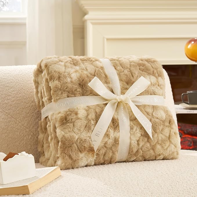 Cozy Bliss Faux Fur Throw Blanket for Couch, Fuzzy Soft Plush Thick Warm Fluffy Reversible Wave Textured Blanket for Sofa Bedroom Living Room, 55 * 70 Inches Tie-dye Khaki