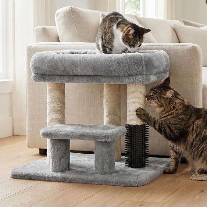 Heybly Cat Scratching Post with Grooming Brush & Gentle Step, HSP001SW | Small Cat Tree with 4 Full Sisal Posts, Removable Plush Bed, Stable & Space-Saving Cat Furniture for Indoor Cats, Light Gray