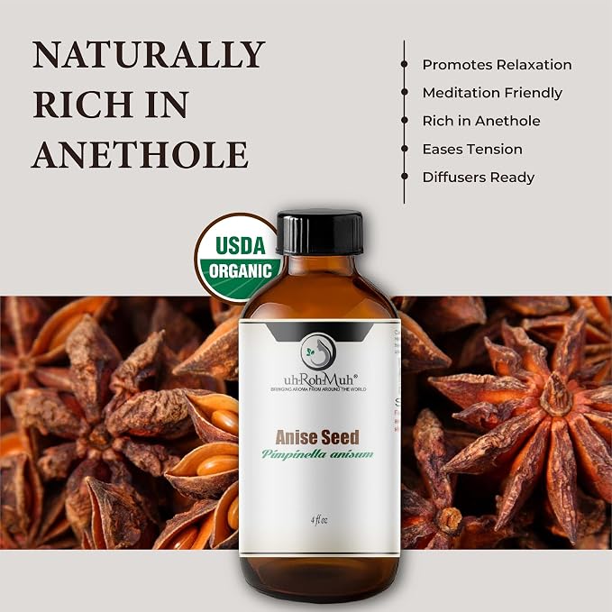 Anise Seed Organic Essential Oil - Steam Distilled Pure Pimpinella Anisum Oil for Aromatherapy, Diffusers, Soap Making, Candle Making, Cosmetic Formulations Massage DIY Personal Care - Spain - 4 Fl Oz