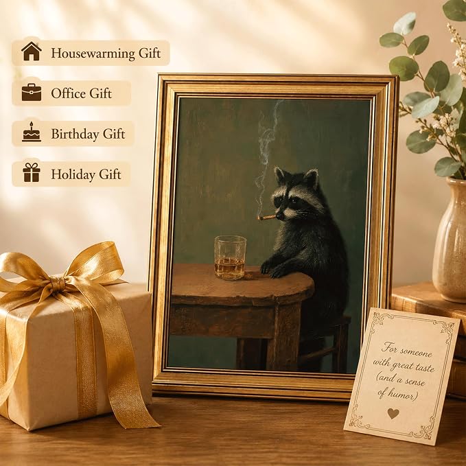 Gold Framed Raccoon Canvas Wall Art,Funny Animal Picture Wall Decor16x12in | Rustic Man Cave Art, Moody Animal Art Print For Office, Home Bar, Cabin, Game Room, Living Room