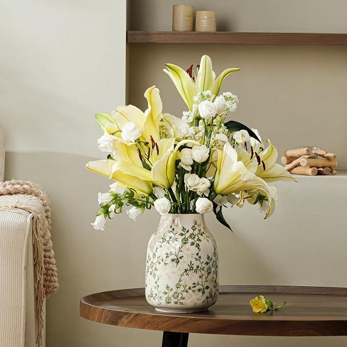 Ceramic Flower Vase for Home Decor, Vintage Green Decorative Vase 7.8 Inch | Rustic Farmhouse Floral Vase for Coffee Table, Mantel, Living Room, Kitchen, Bookshelf, Entryway, Wedding Centerpiece