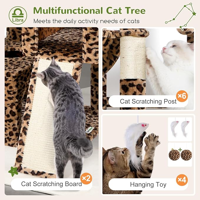 Globlazer Heavy Duty Cat Tree 78 inch Sturdy Cat Tower for 20lbs Large Adult Cats, Symmetrical Aesthetic Big Cat Tree with Extra Large Platform, 2 Scratching Boards, Z78, Leopard Print