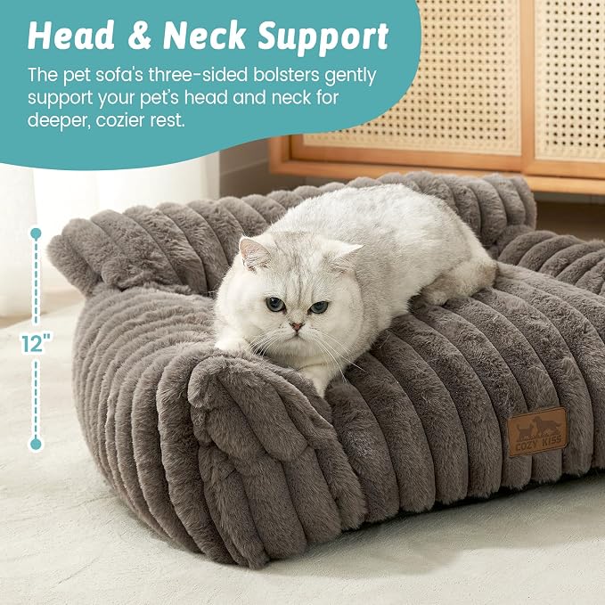 COZY KISS Cute Cat Couch, Fluffy Sofa Bed for Cats and Small Dogs, Premium Faux Rabbit Fur Cats beds for Indoor Cat, Ultra-Soft Supportive Pet Couch Furniture (Grey, S: 25.5''x17.5'')