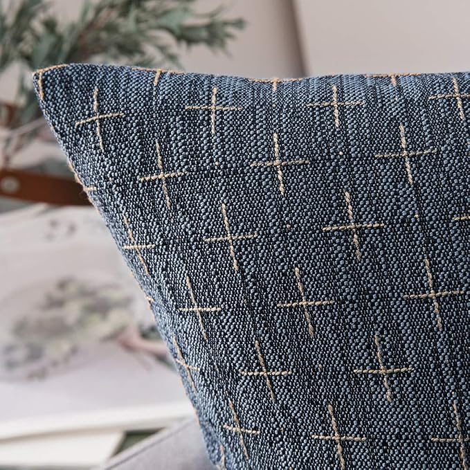 MIULEE Pack of 2 Decorative Burlap Linen Throw Pillow Covers Modern Farmhouse Vintage Pillowcase Rustic Woven Textured Cushion Cover for Sofa Couch Bed 18x18 Inch Blue