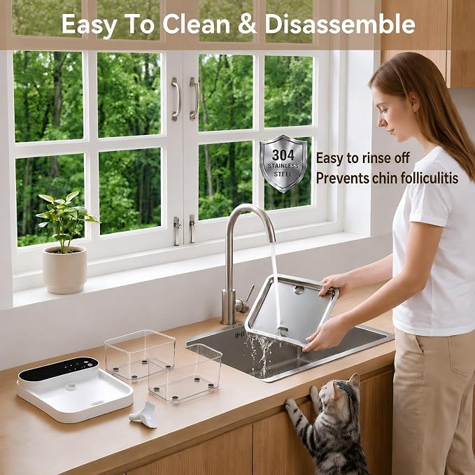 Cat Water Fountain No Filter, Wastewater Separation Cat Fountain Without Filters, Cordless &180-Days Runtime Pet Water Fountain