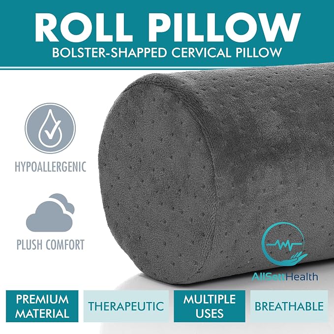 AllSett Health Round Cervical Roll Cylinder Bolster Pillow with Removable Washable Cover, Ergonomically Designed for Head, Neck, Back, and Legs, Grey | 13"X 5"