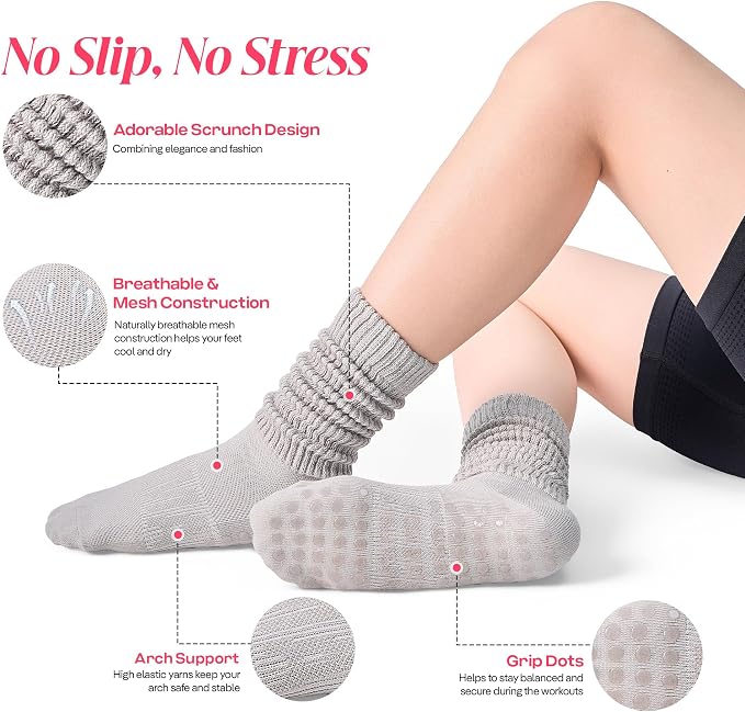 COOLMATE Pilates Socks with Grips for Women, Yoga Socks, Crew Non Slip Women for Barre, Pilates Gifts for Women