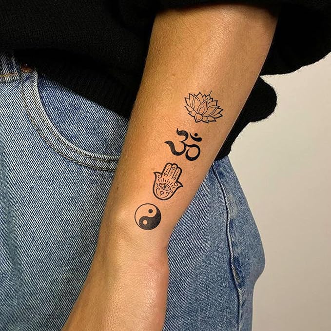 Semi Permanent Tattoo, 2 sheets Bagua Diagram Temporary Fake Tattoos For Men Arm Hand Neck,Lotus For Adults Boys,Realistic, Waterproof and Non-Reflective,Minimalist Design, Last 2 Weeks