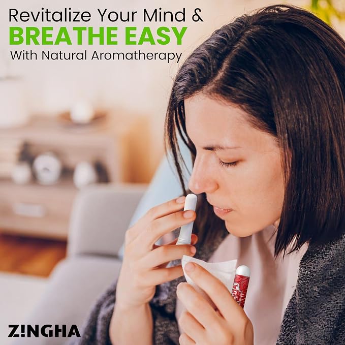 Z!NGHA Natural Aromatherapy Nasal Inhaler Stick for Sinus Relief, Focus & Stress Relief | Portable Dual-Hole Essential Oil Blend (4PK, Coolmint)