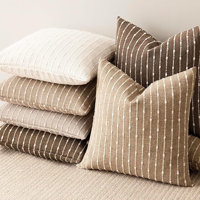 Foindtower Pack of 2 Decorative Jacquard Boucle Throw Pillow Covers Accent Textured Striped Pillowcases Soft Boho Modern Cushion for Couch Sofa Bedroom Living Room Home Decor 20x20 Inch Brown