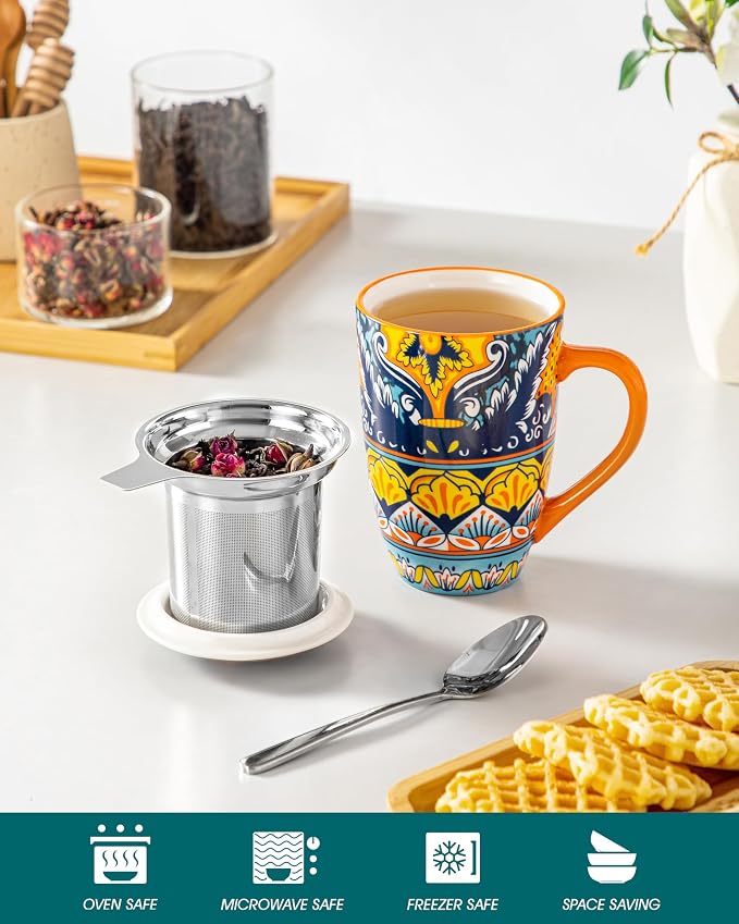 vancasso Ceramic Tea Cup with Infuser and Lid, 18 Ounce Tea Infuser Mug for Loose Leaf Tea, Microwave & Dishwasher Safe, Bohemian Mandala, Gift for Tea Lovers, Amber Iris Bloom