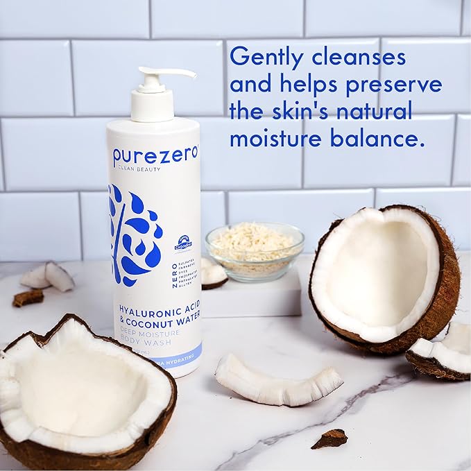 Purezero Hyaluronic Body Wash Deep Moisturizer - Soft Skin Hydration - Moisturizing Skin Cleanser + Coconut Water - No Sulfates, Parabens, Dyes (1 Pack)