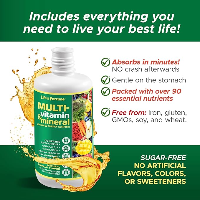 Life's Fortune Liquid Multivitamin for Adults Men & Women, Teens – High Absorption Daily Vitamins – Trace Minerals, Amino Acids, Biotin, L-Arginine, – Tropical Flavor, Sugar Free, 32 oz (Pack of 2)
