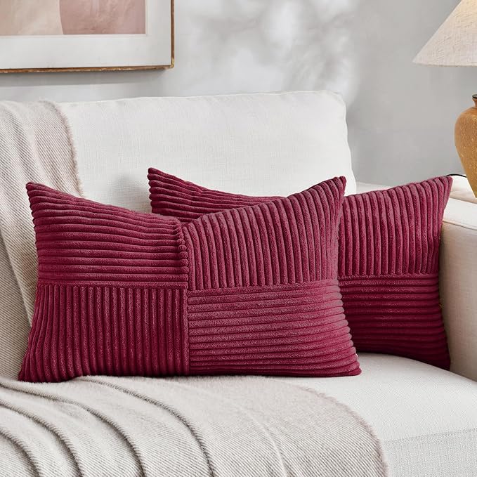 Fancy Homi 2 Packs Burgundy Long Lumbar Decorative Throw Pillow Covers 16x24 Inch for Couch Bed Sofa, Rustic Farmhouse Boho Home Decor, Soft Striped Corduroy Rectangle Accent Cushion Case 40x60 cm